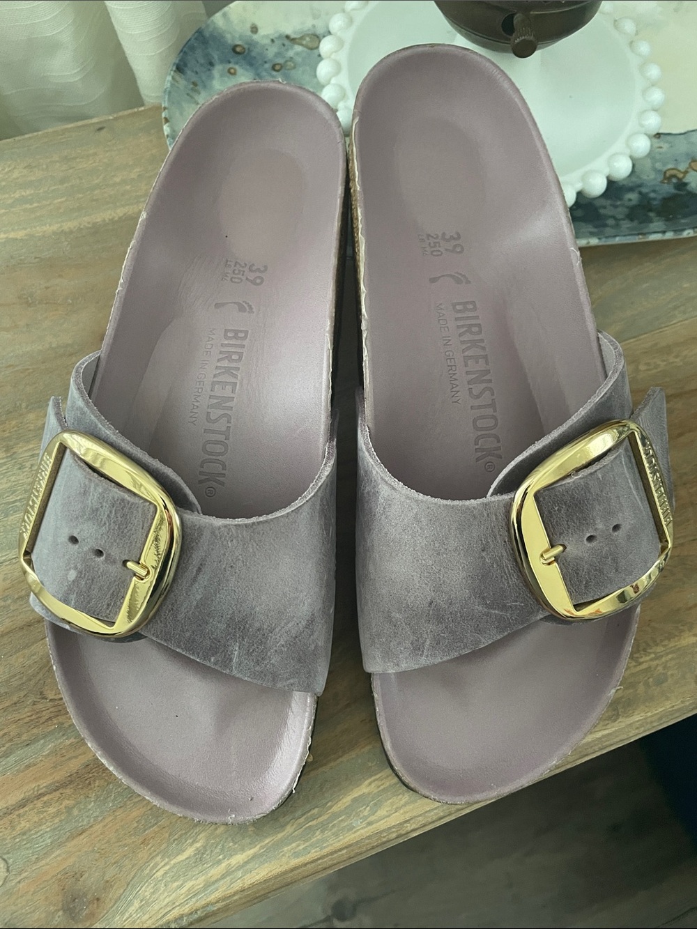 Birkenstock Madrid Lavender Suede Slide Sandals with Gold Buckle NWOT